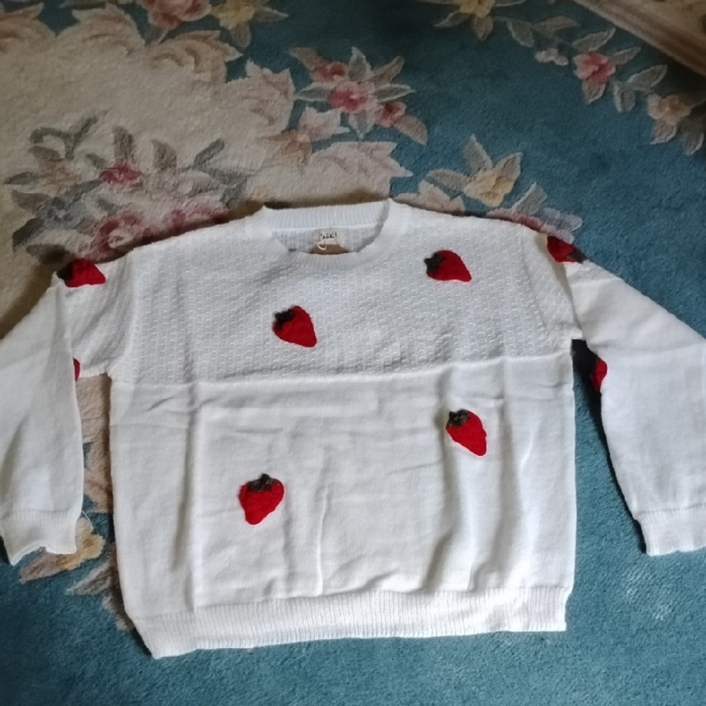 White Pointelle Knit Sweater with Red Strawberry 🍓 Design New!♥️HP♥️ - Picture 1 of 12